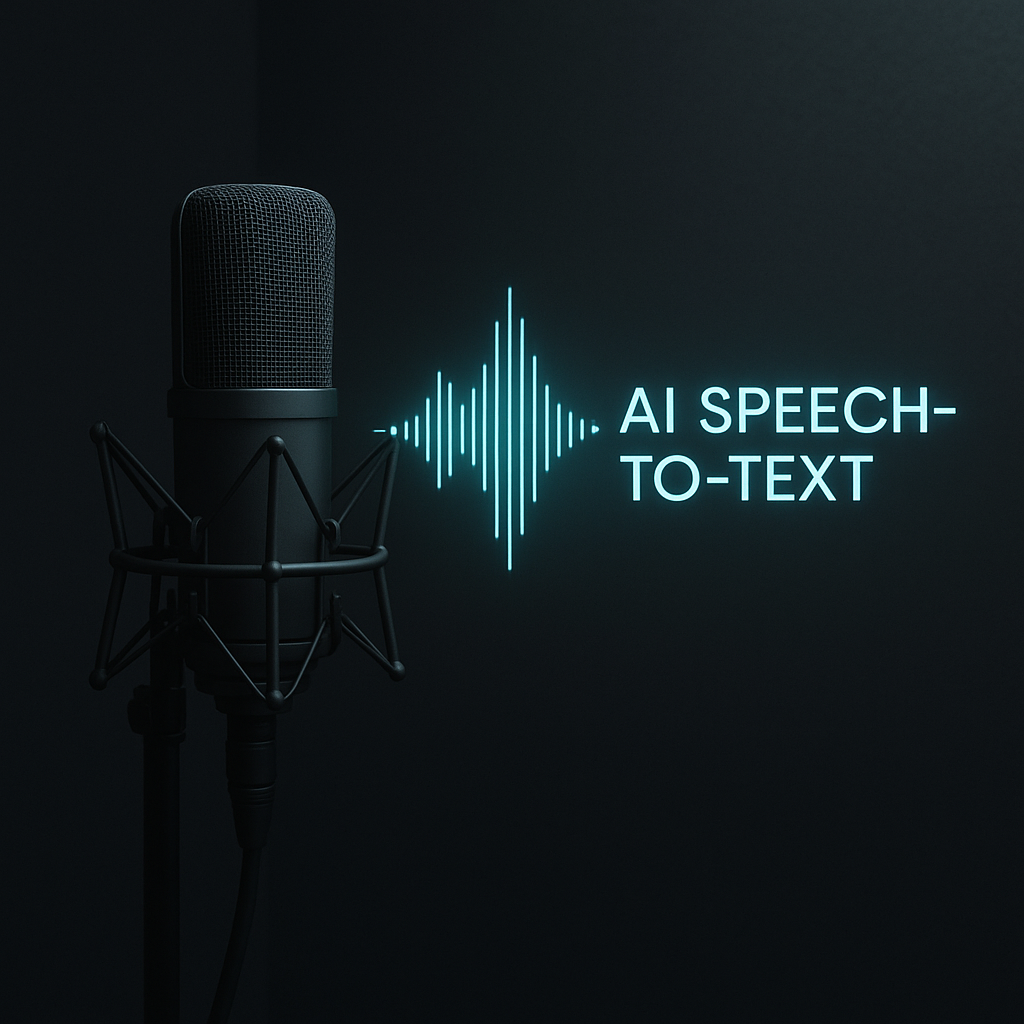 Minimalist dark recording booth with sleek microphone; holographic waveform morphs into crisp glowing text in mid-air, symbolizing real-time AI speech-to-text; cool teal highlights against charcoal background