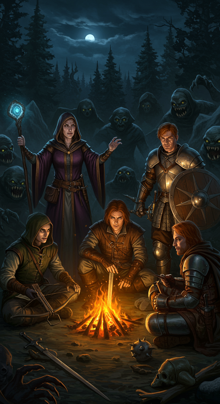 Adventurers around a campfire
