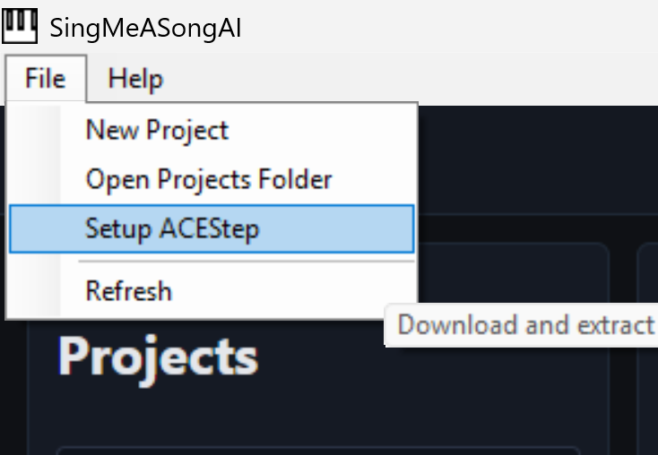 Sing Me A Song AI File menu with Setup ACEStep — Download and extract